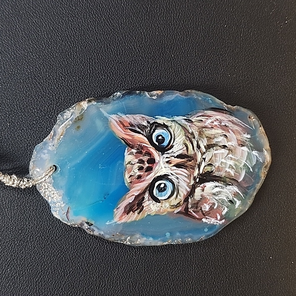 Hand Painted Owl Agate Slice Pendant Necklace Blue Dyed Agate Owl Jewelry
